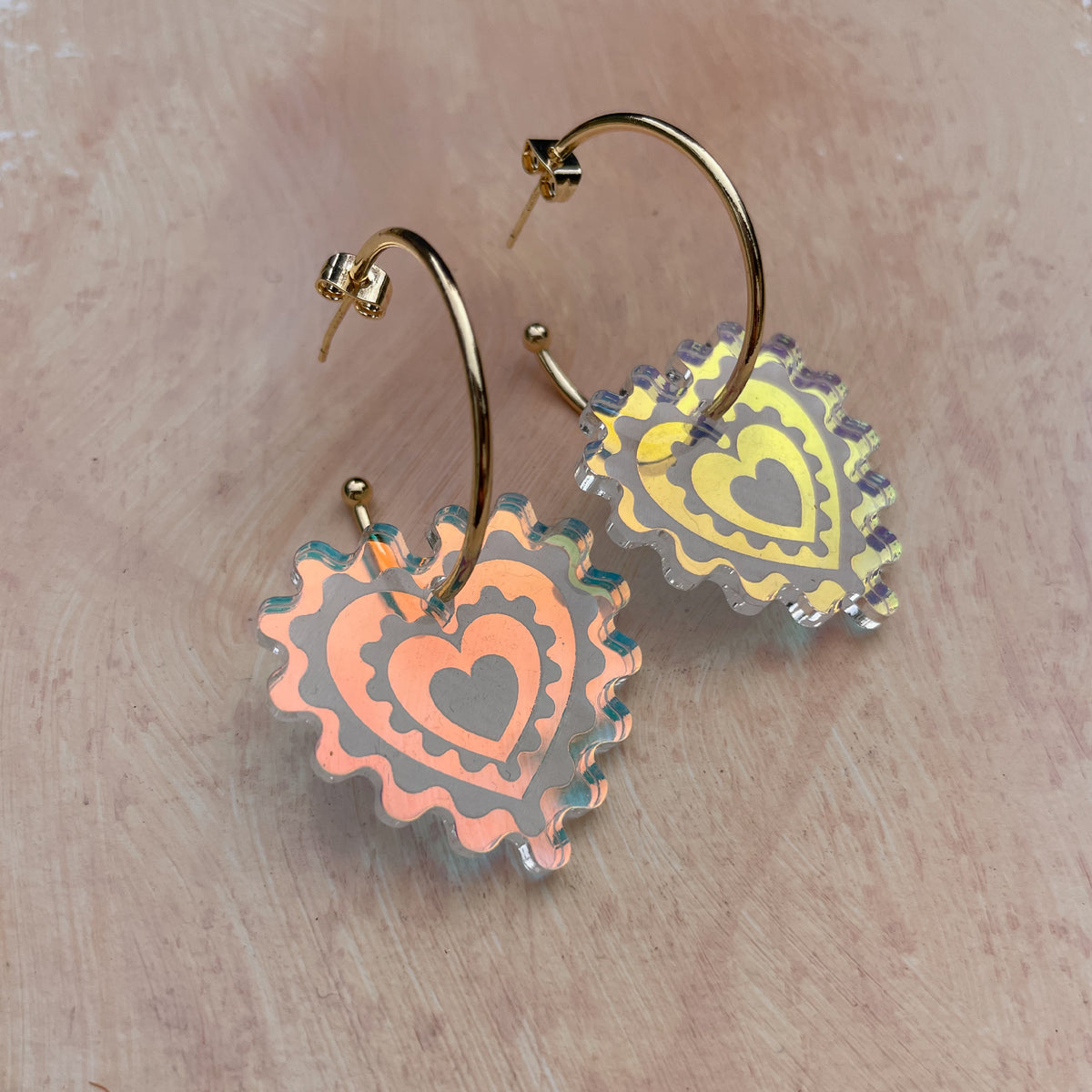 Engraved Heart Hoop Earrings in Warm Iridescent