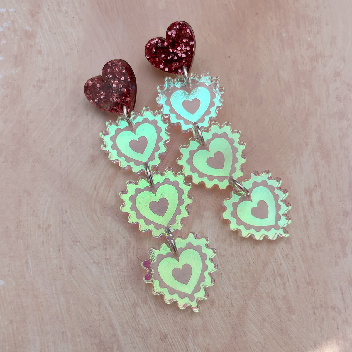 Triple Heart Drop Earrings in Rose Glitter and Cool Iridescent