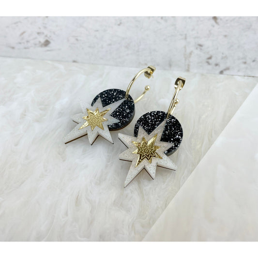 Star Deco Hoop Earrings in Black Glitter