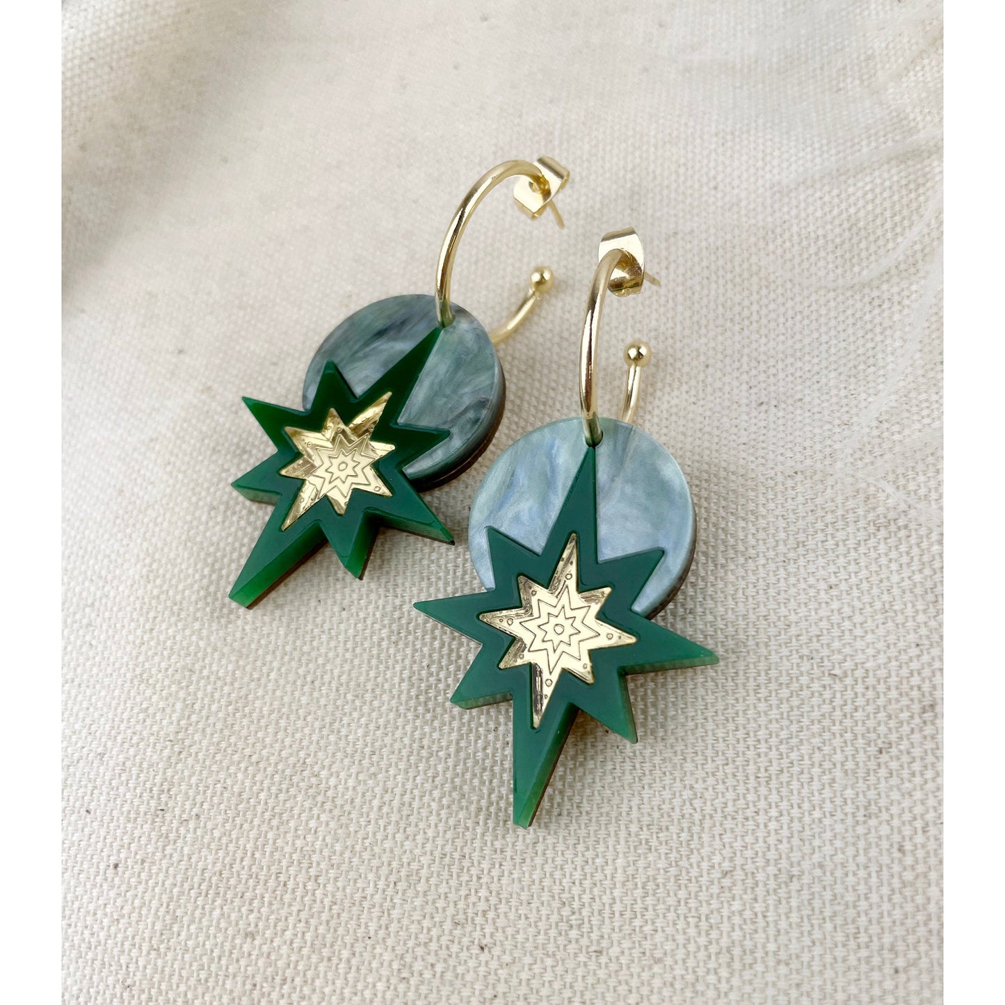 Star Deco Hoop Earrings in Green and Gold