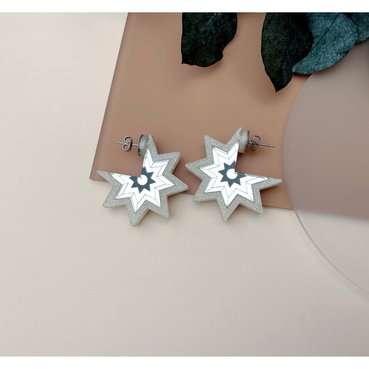 Star Stud Hoop Earrings - Silver
