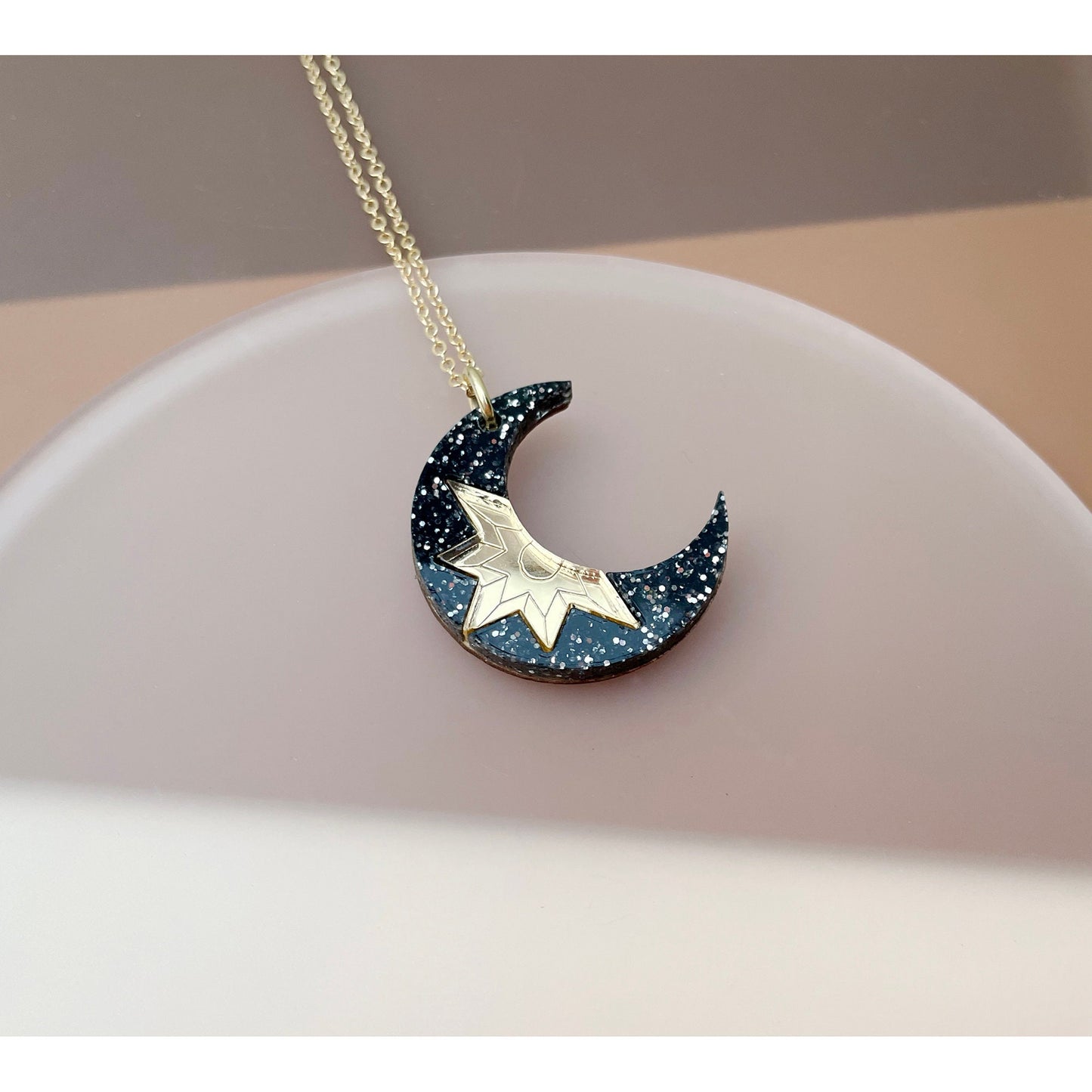 Crescent Moon Mini Pendant in Black Glitter
