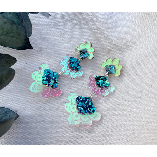 Ellen Scalloped Triple Drop Earrings in Teal Iridescent