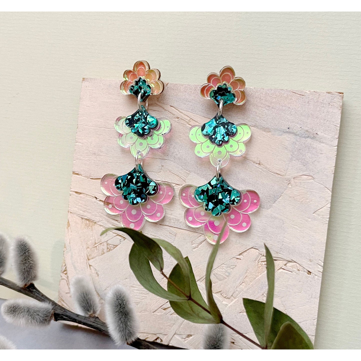 Ellen Scalloped Triple Drop Earrings in Teal Iridescent