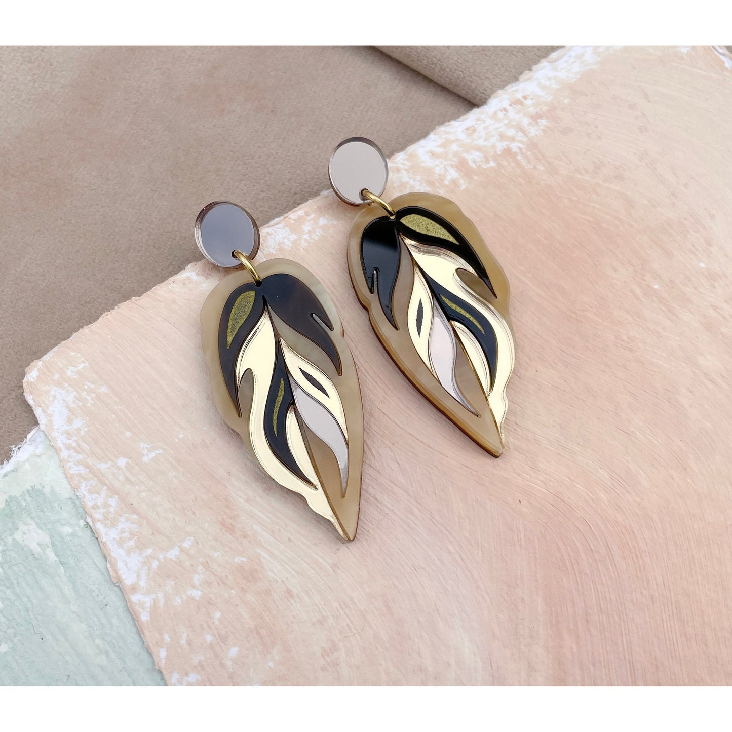 Calathea Leaf Drop Earrings in Bronze and Gold