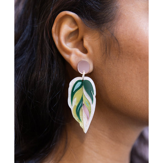 Calathea Leaf Drop Earrings in Bronze and Gold