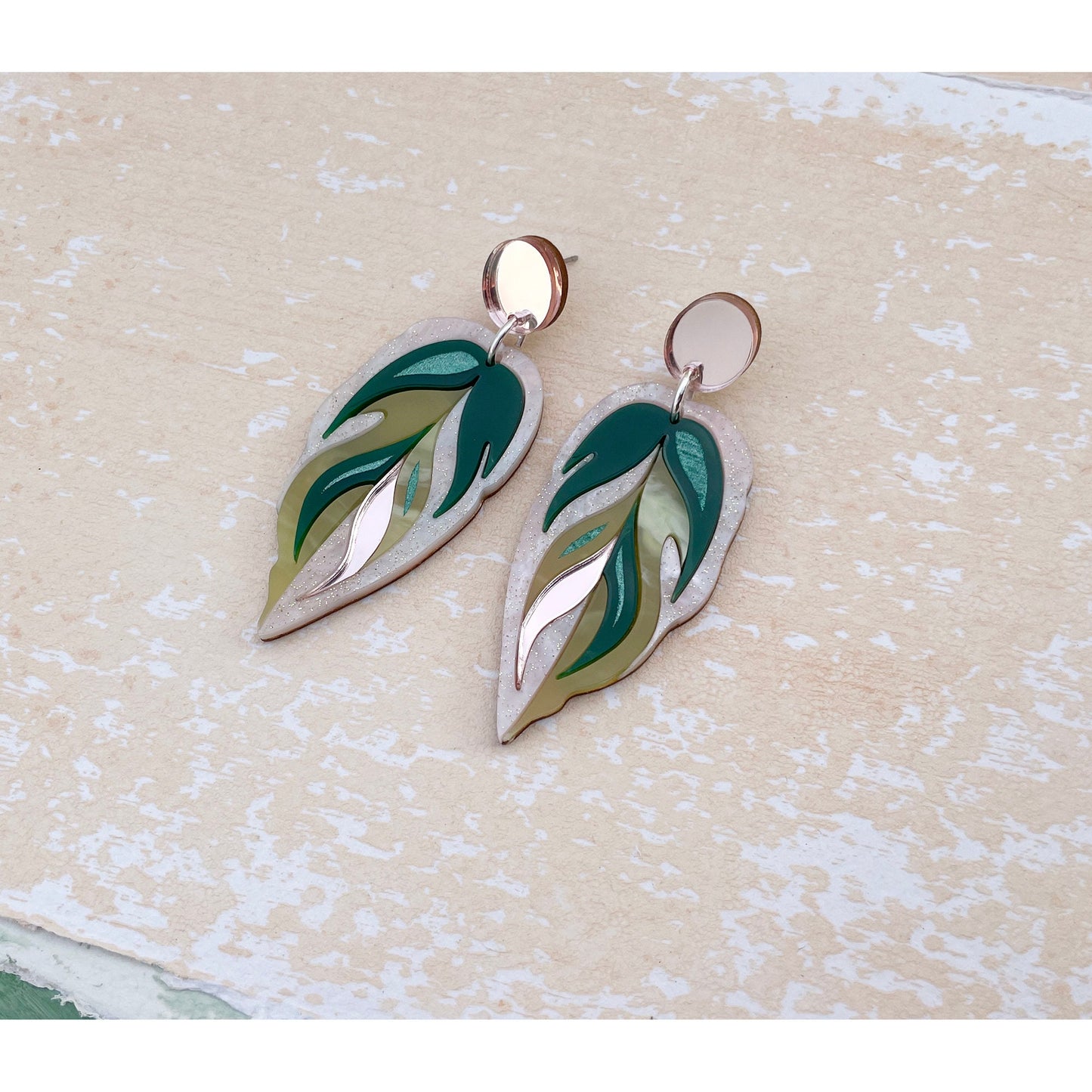 Calathea Leaf Drop Earrings in Pink and Green
