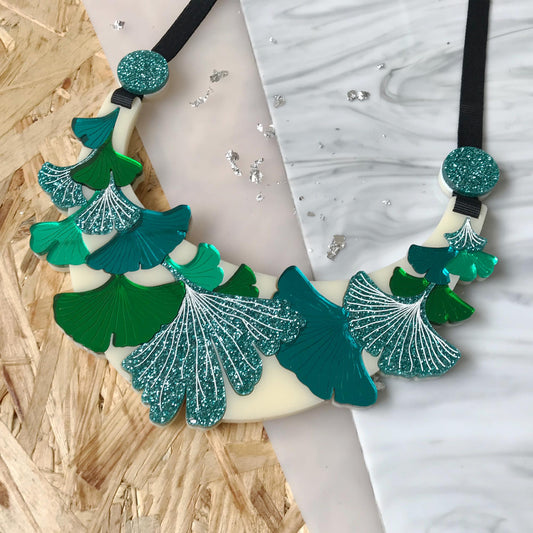 Teal and Green Glitter Ginkgo Leaf Statement Necklace