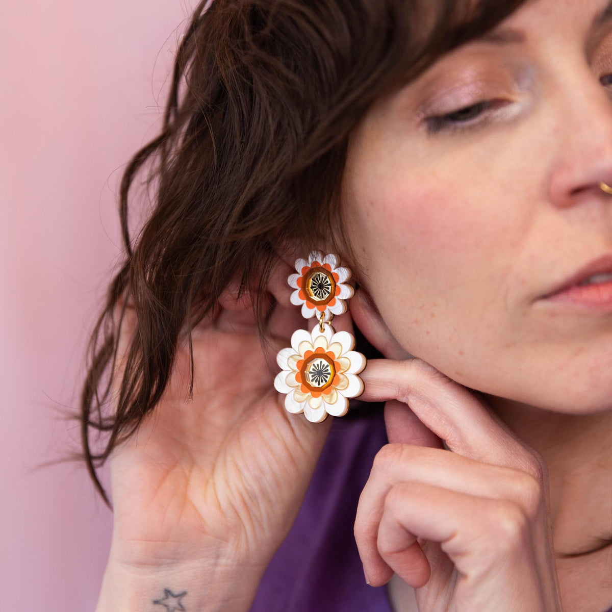 Margot Daisy Floral Statement Earrings in Pale Blue and Purple