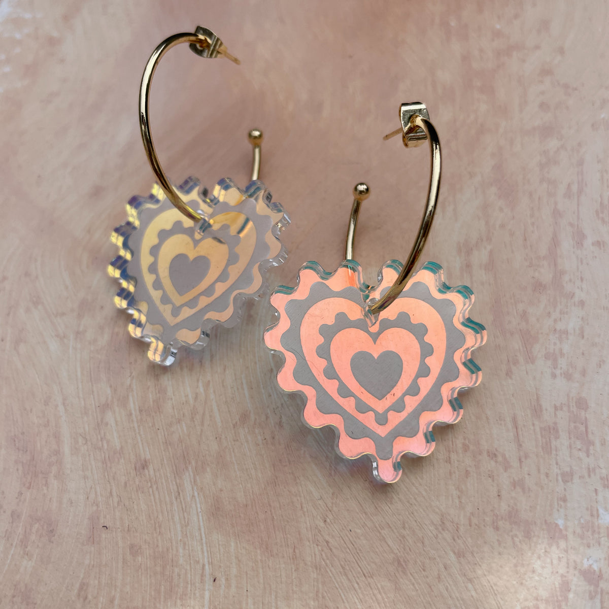 Engraved Heart Hoop Earrings in Warm Iridescent