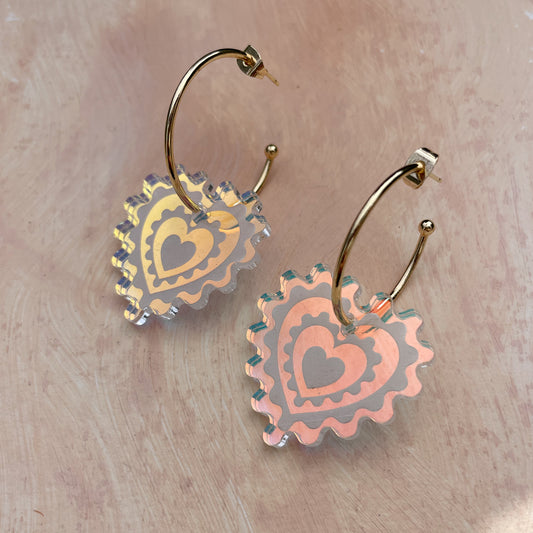 Engraved Heart Hoop Earrings in Warm Iridescent