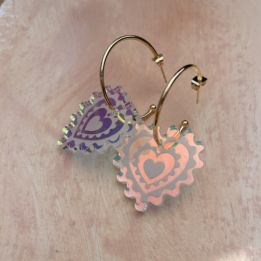 Engraved Heart Hoop Earrings in Warm Iridescent