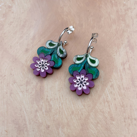 Leafy Floral Hoop Earrings in Purple