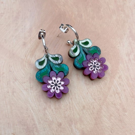Leafy Floral Hoop Earrings in Purple