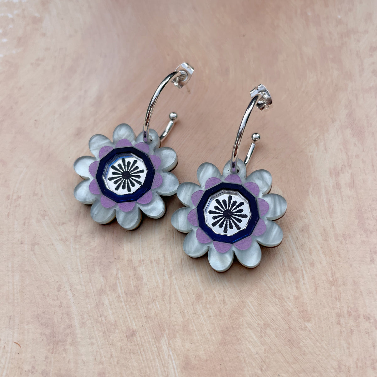Margot Daisy Floral Hoop Earrings in Pale Blue and Purple