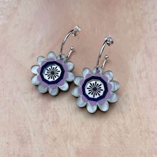 Margot Daisy Floral Hoop Earrings in Pale Blue and Purple