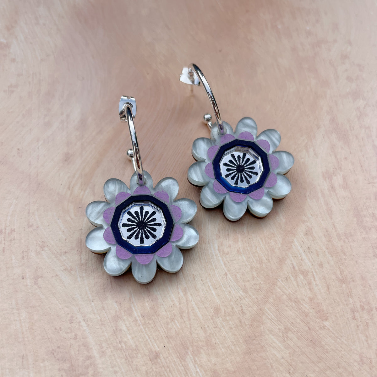 Margot Daisy Floral Hoop Earrings in Pale Blue and Purple