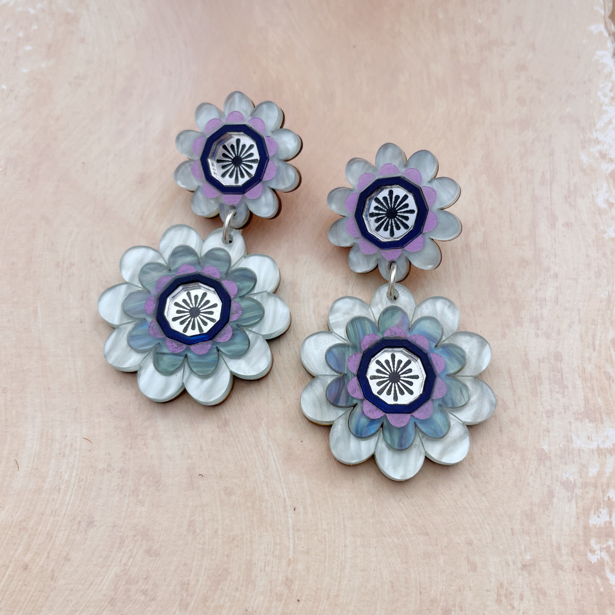 Margot Daisy Floral Statement Earrings in Pale Blue and Purple