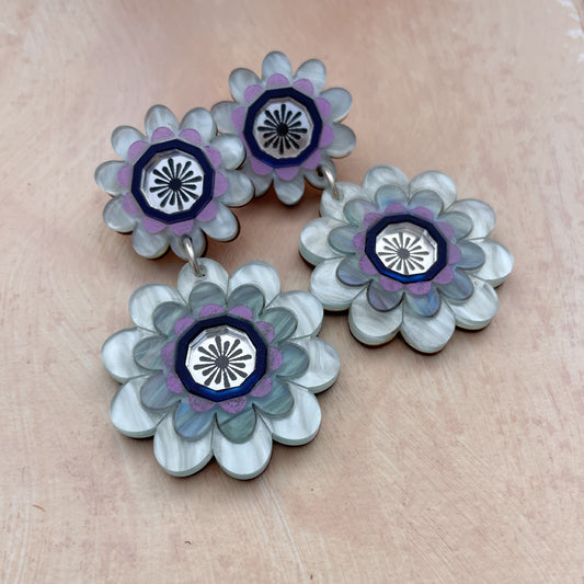 Margot Daisy Floral Statement Earrings in Pale Blue and Purple