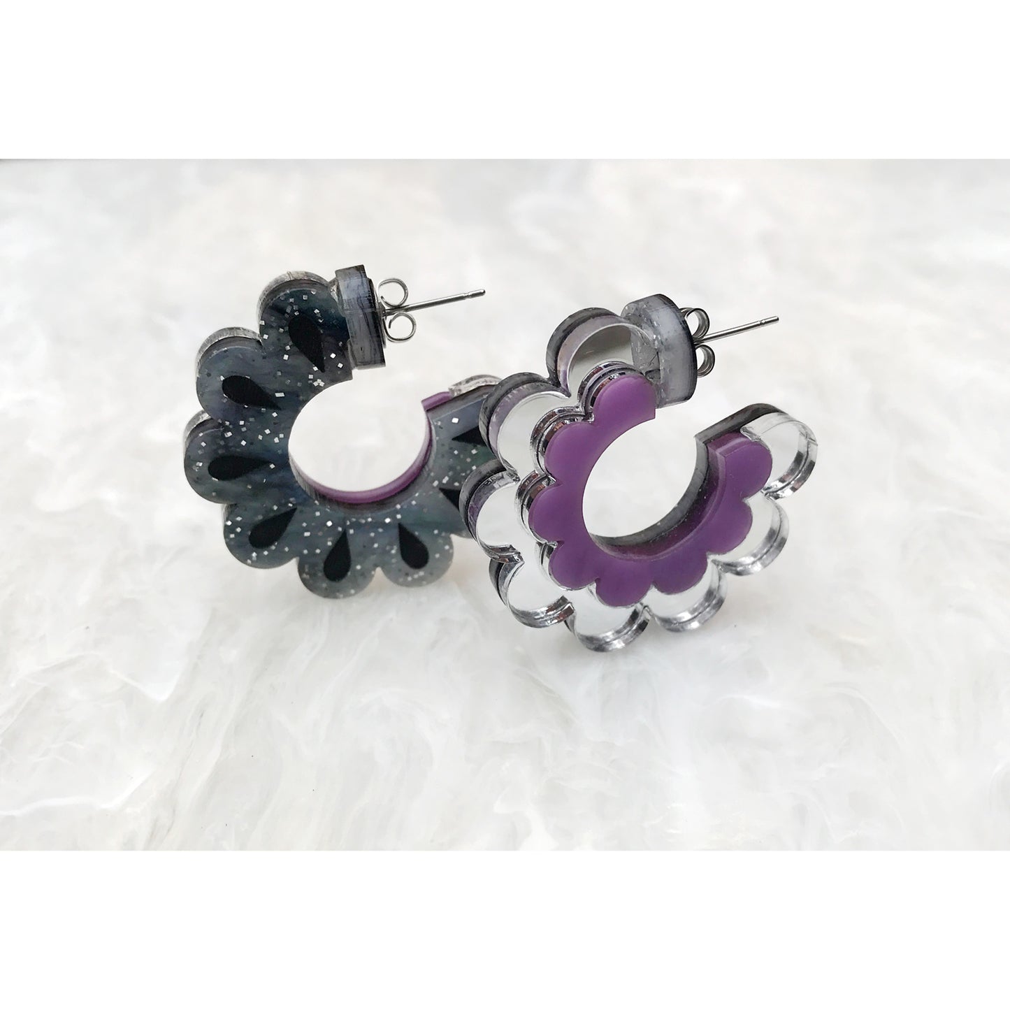 Scalloped Hoop Earrings in Silver and Purple