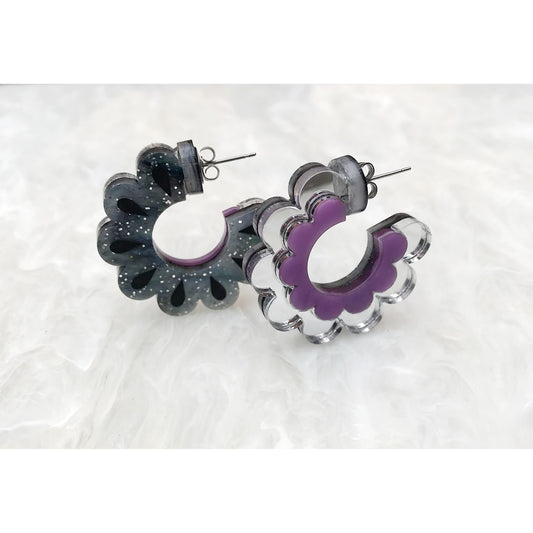 Scalloped Hoop Earrings in Silver and Purple