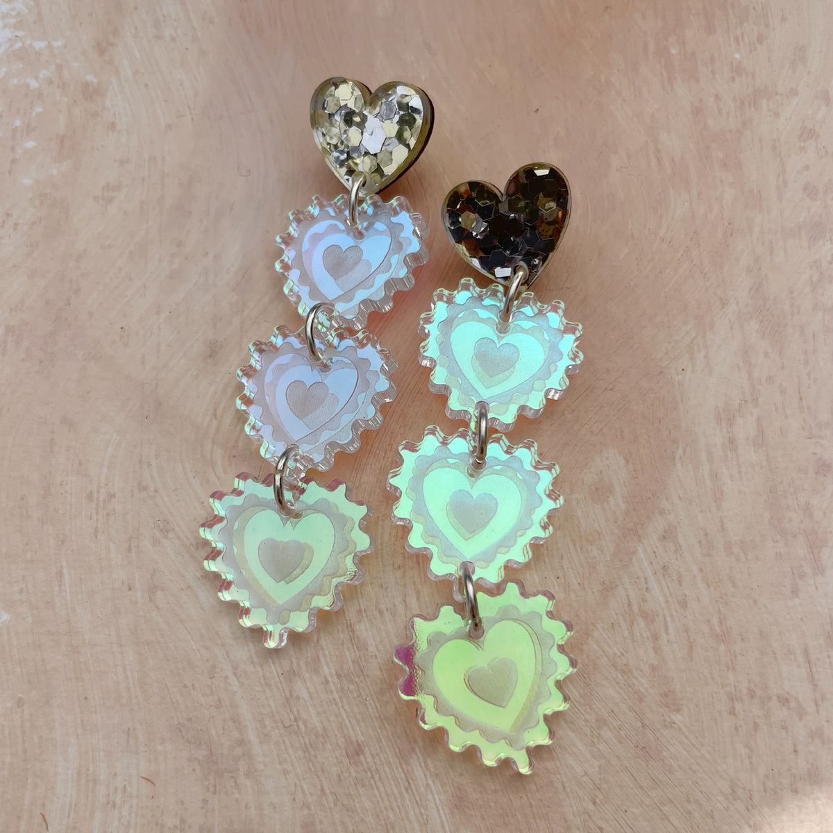 Triple Heart Drop Earrings in Gold Glitter and Cool Iridescent