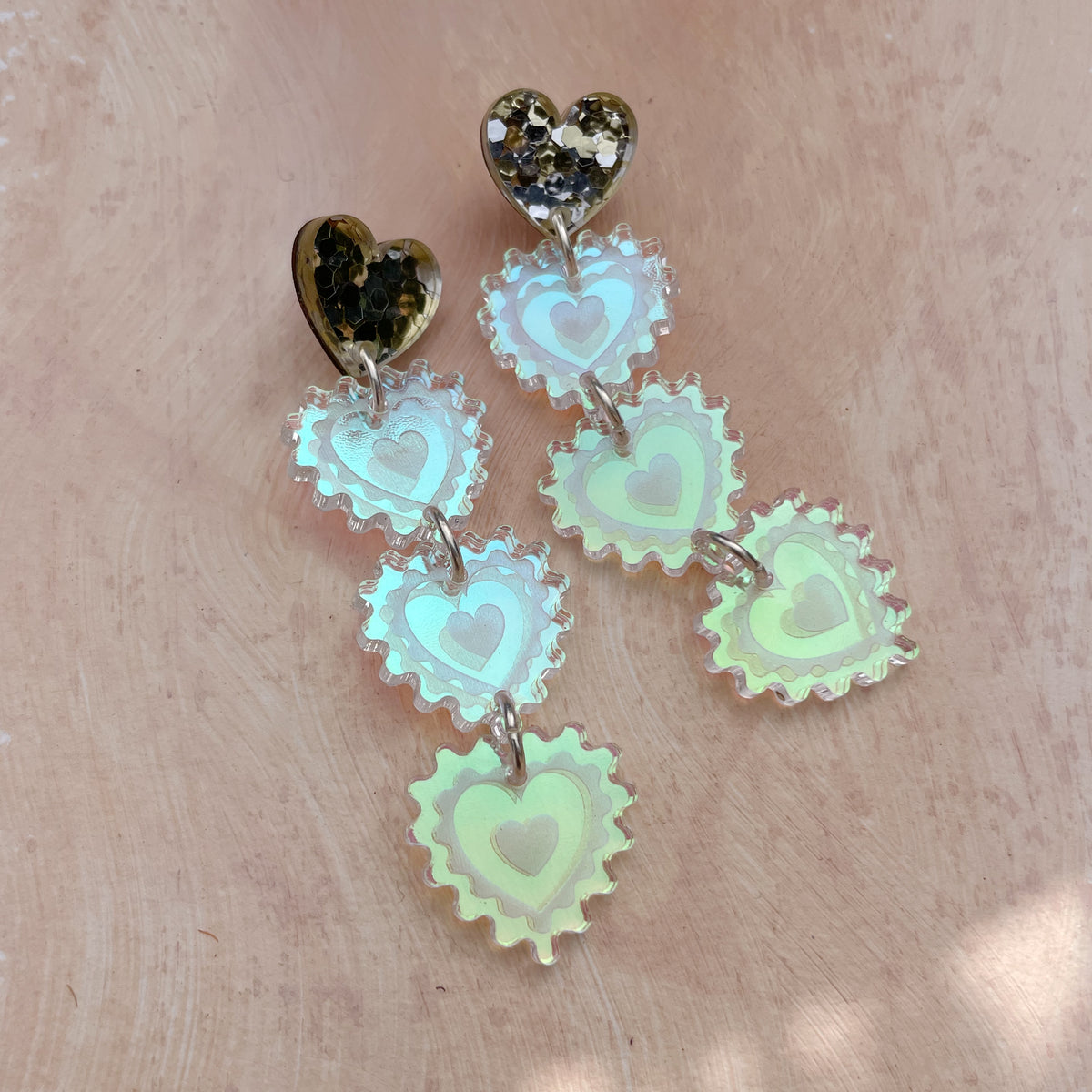 Triple Heart Drop Earrings in Gold Glitter and Cool Iridescent