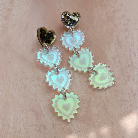 Triple Heart Drop Earrings in Gold Glitter and Cool Iridescent