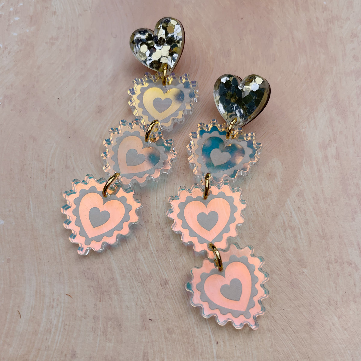 Triple Heart Drop Earrings in Gold Glitter and Warm Iridescent