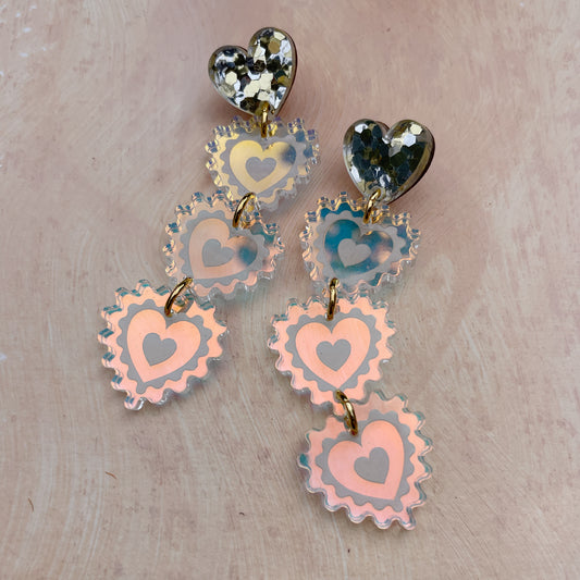 Triple Heart Drop Earrings in Gold Glitter and Warm Iridescent