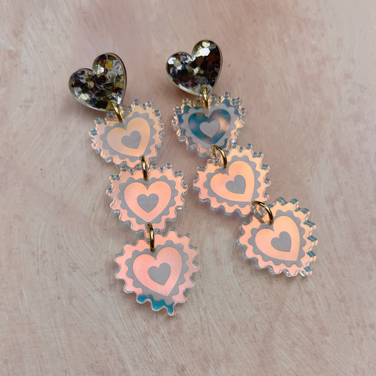 Triple Heart Drop Earrings in Gold Glitter and Warm Iridescent
