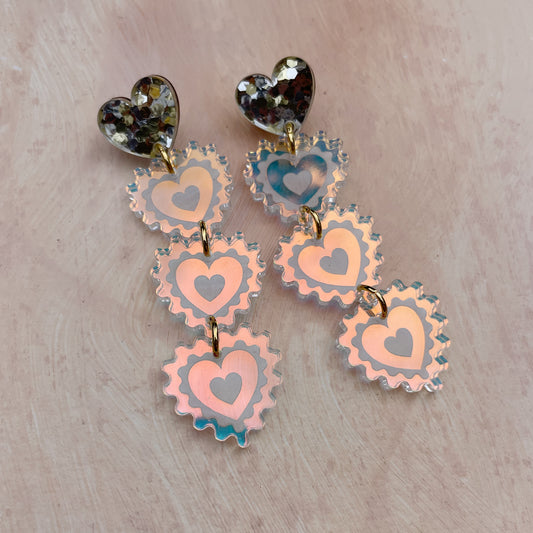 Triple Heart Drop Earrings in Gold Glitter and Warm Iridescent