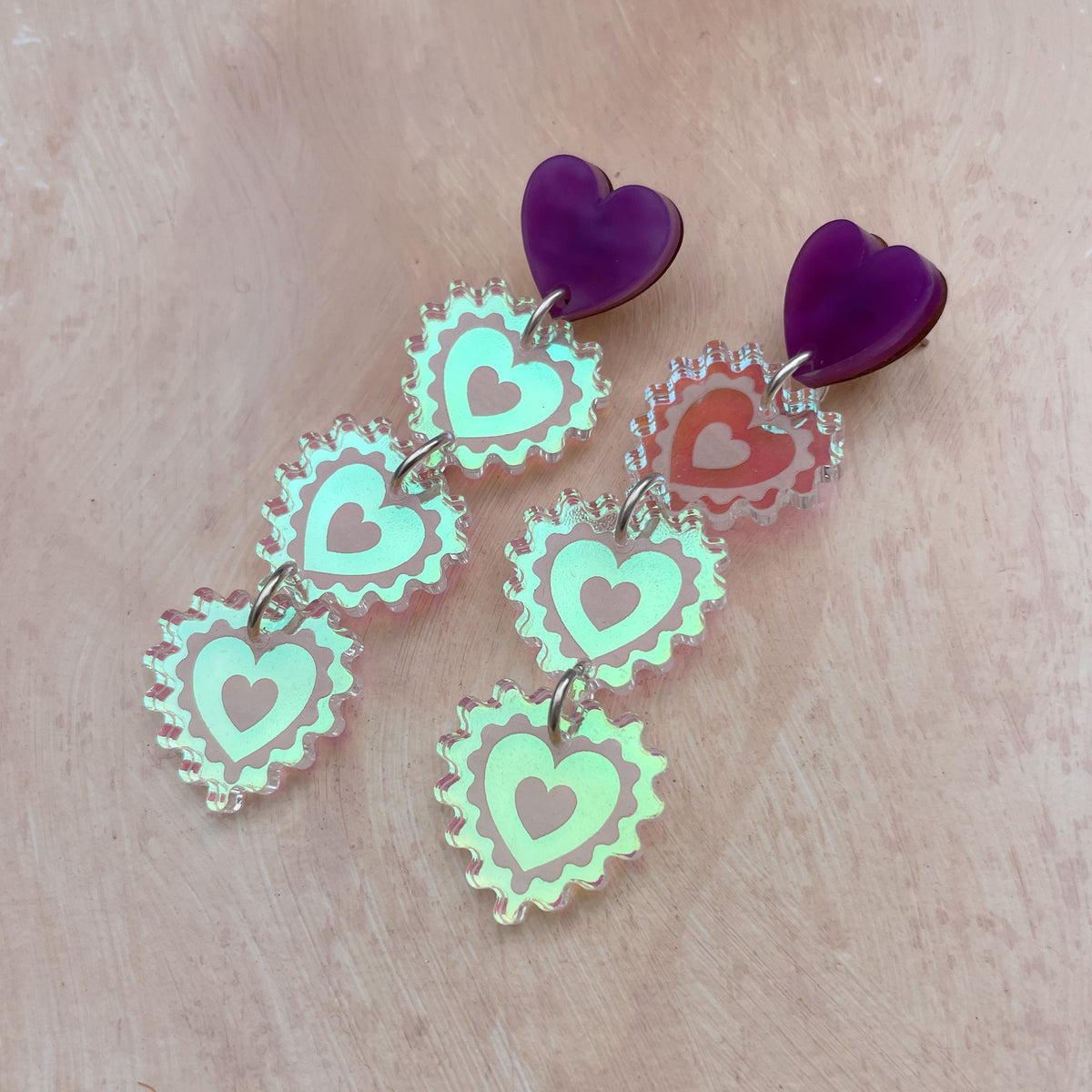 Triple Heart Drop Earrings in Purple Marble and Cool Iridescent