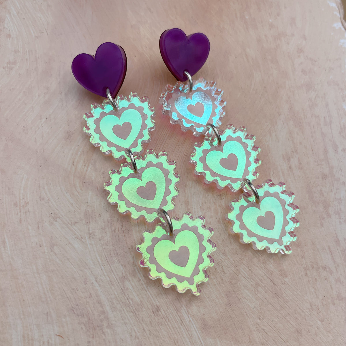 Triple Heart Drop Earrings in Purple Marble and Cool Iridescent