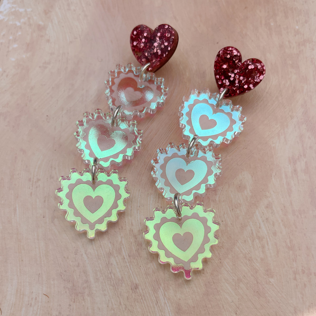Triple Heart Drop Earrings in Rose Glitter and Cool Iridescent