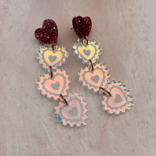 Triple Heart Drop Earrings in Rose Glitter and Warm Iridescent