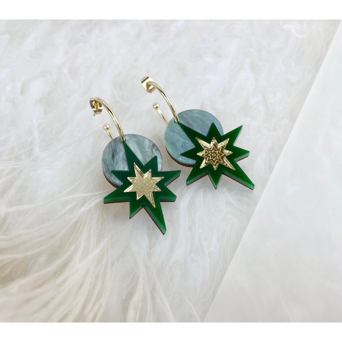 Star Deco Hoop Earrings in Green and Gold
