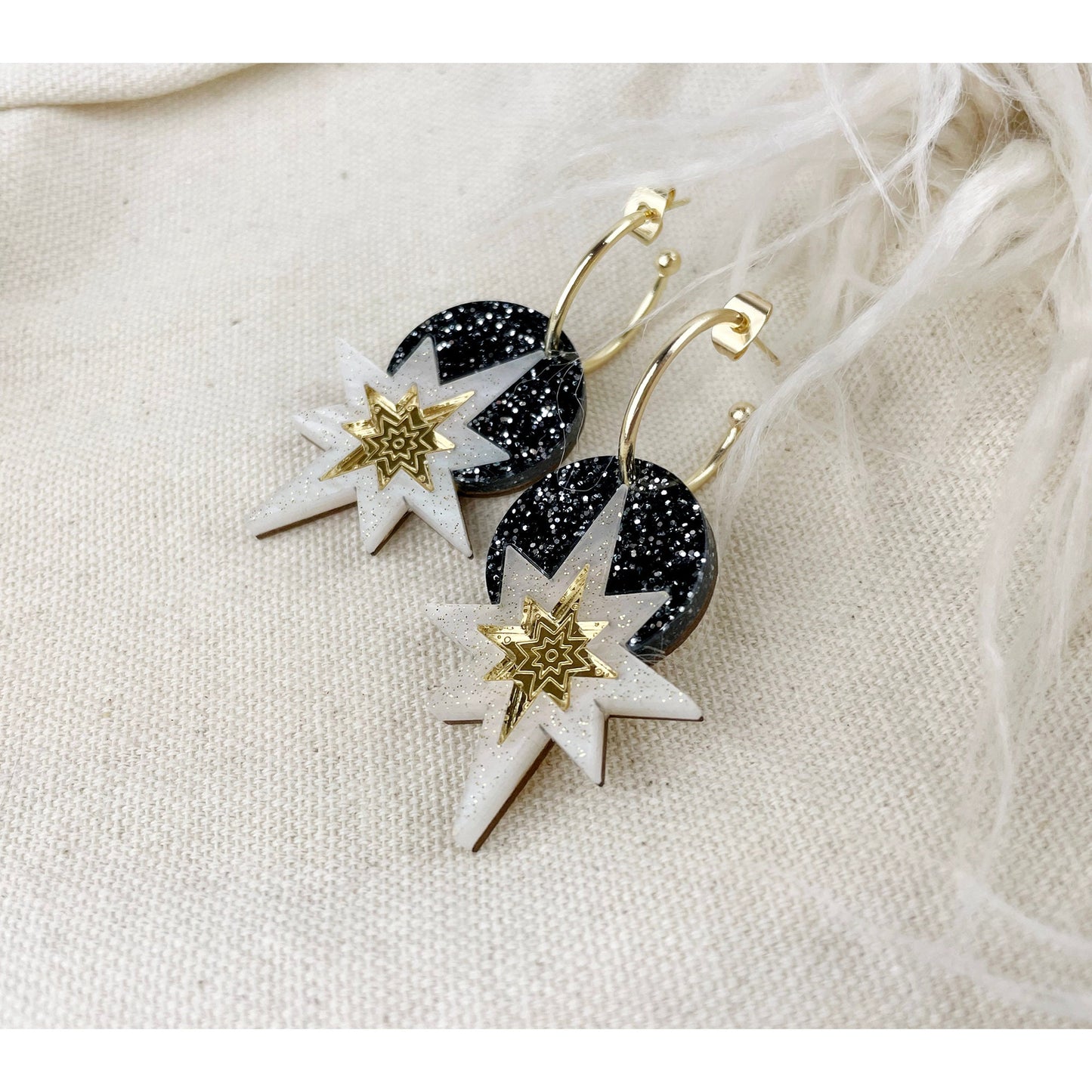 Star Deco Hoop Earrings in Black Glitter