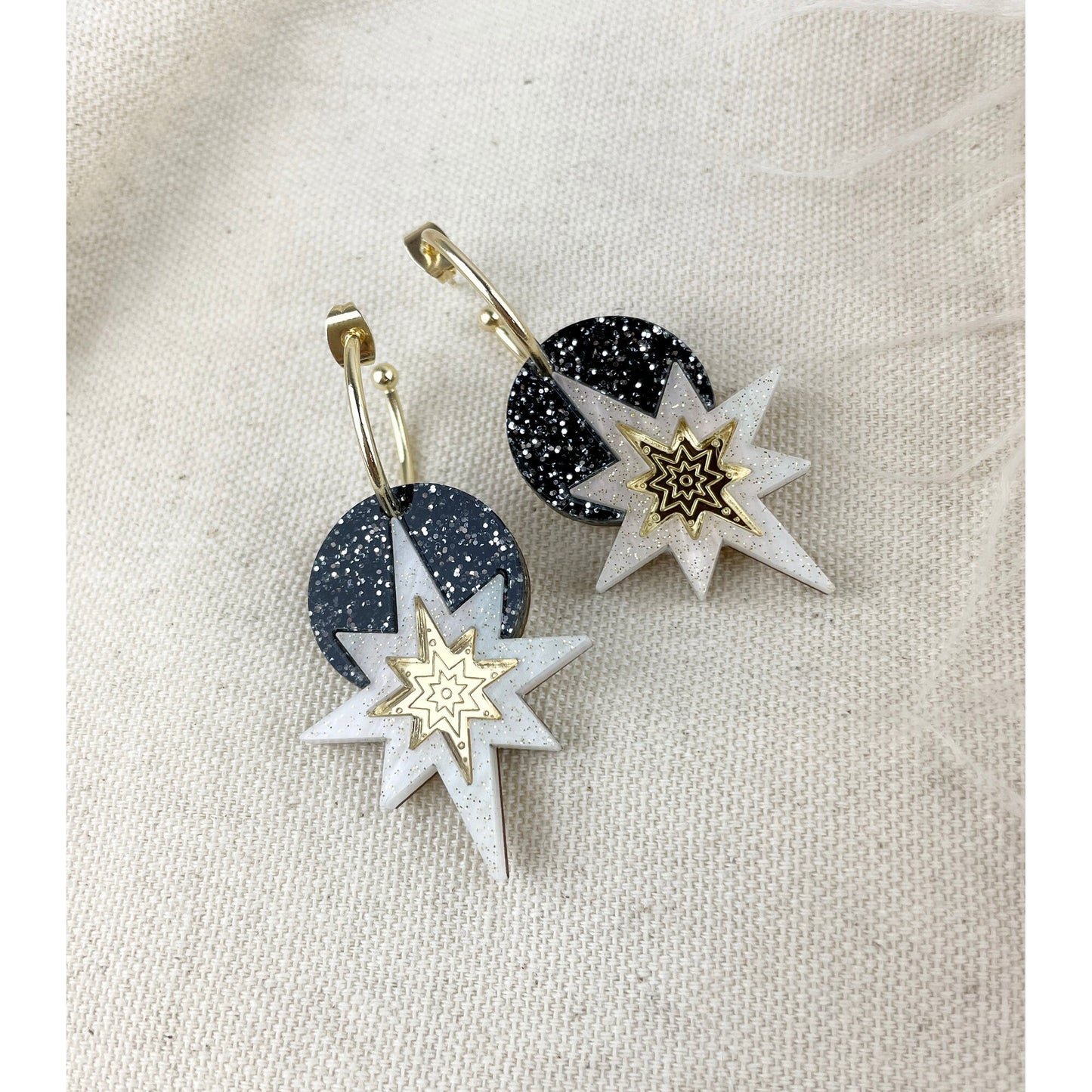 Star Deco Hoop Earrings in Black Glitter