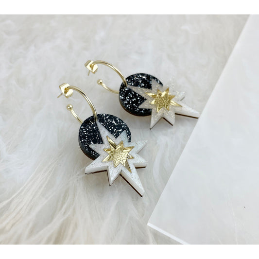 Star Deco Hoop Earrings in Black Glitter