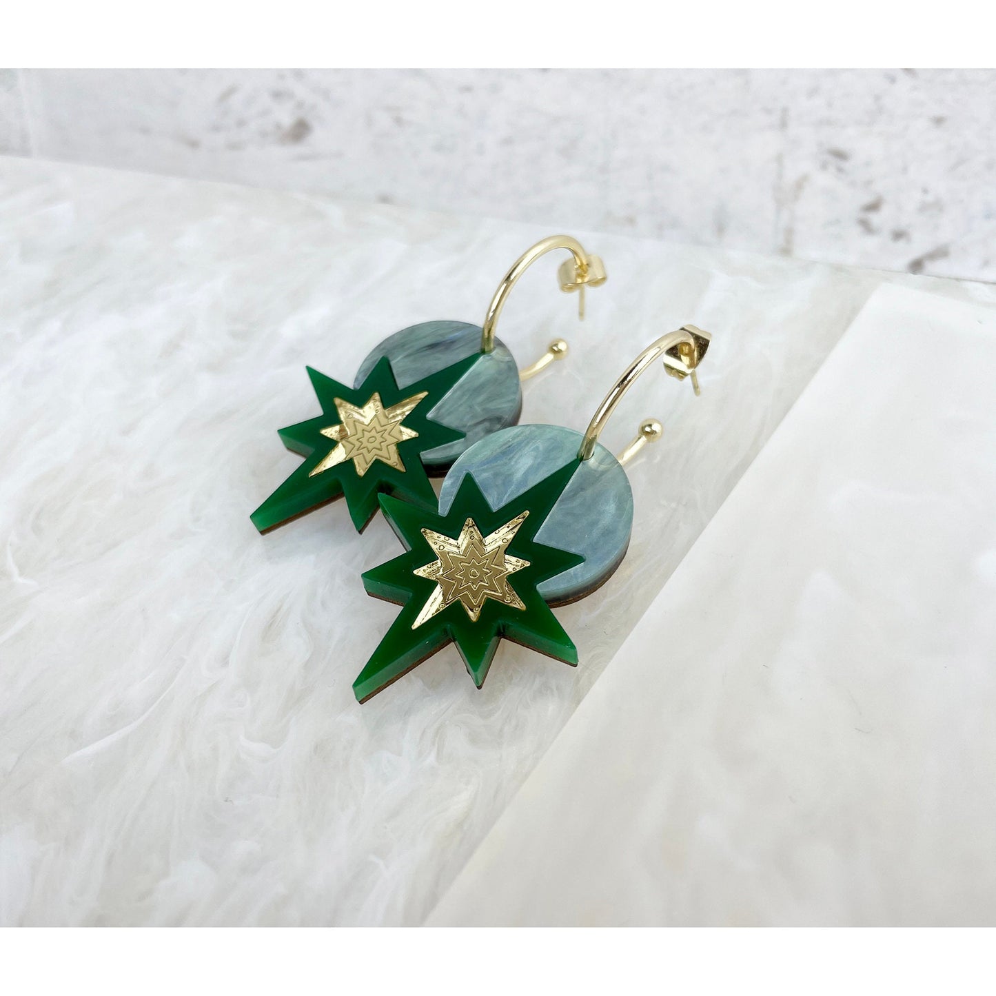 Star Deco Hoop Earrings in Green and Gold