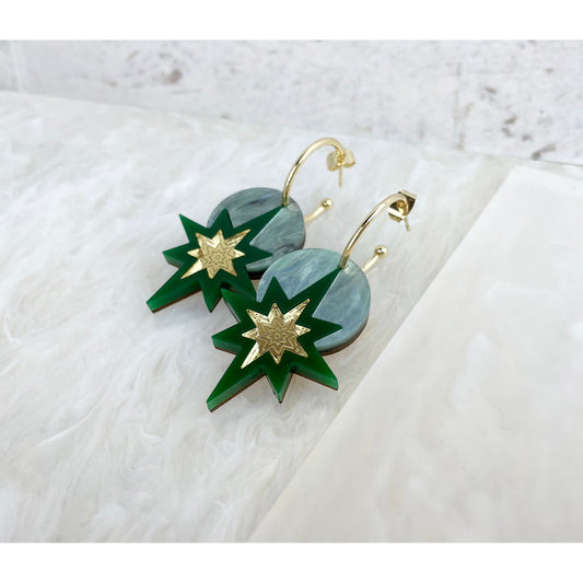 Star Deco Hoop Earrings in Green and Gold