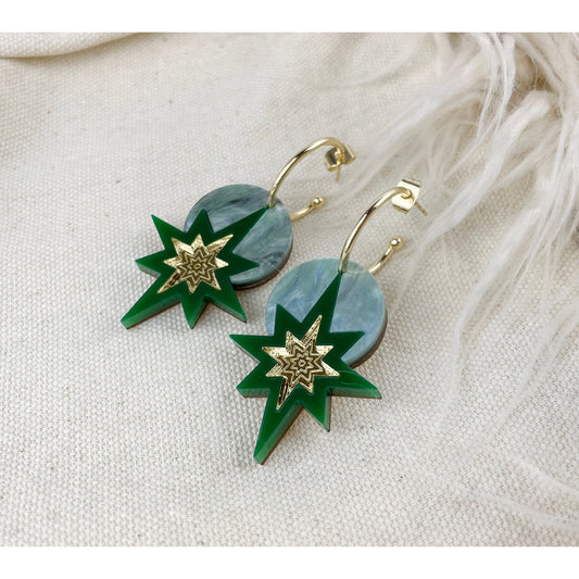 Star Deco Hoop Earrings in Green and Gold