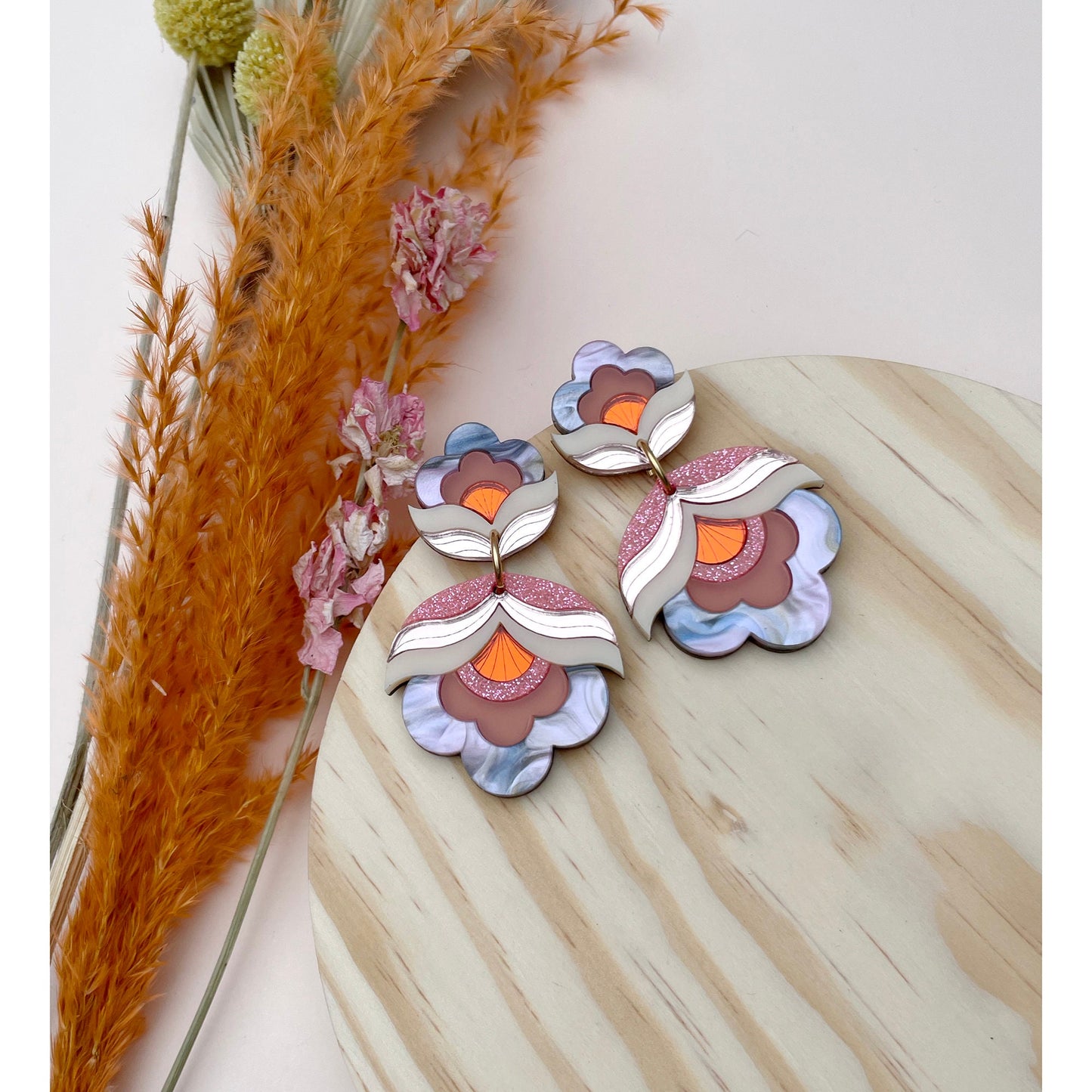 Anna Floral Statement Earrings in Pink Sky