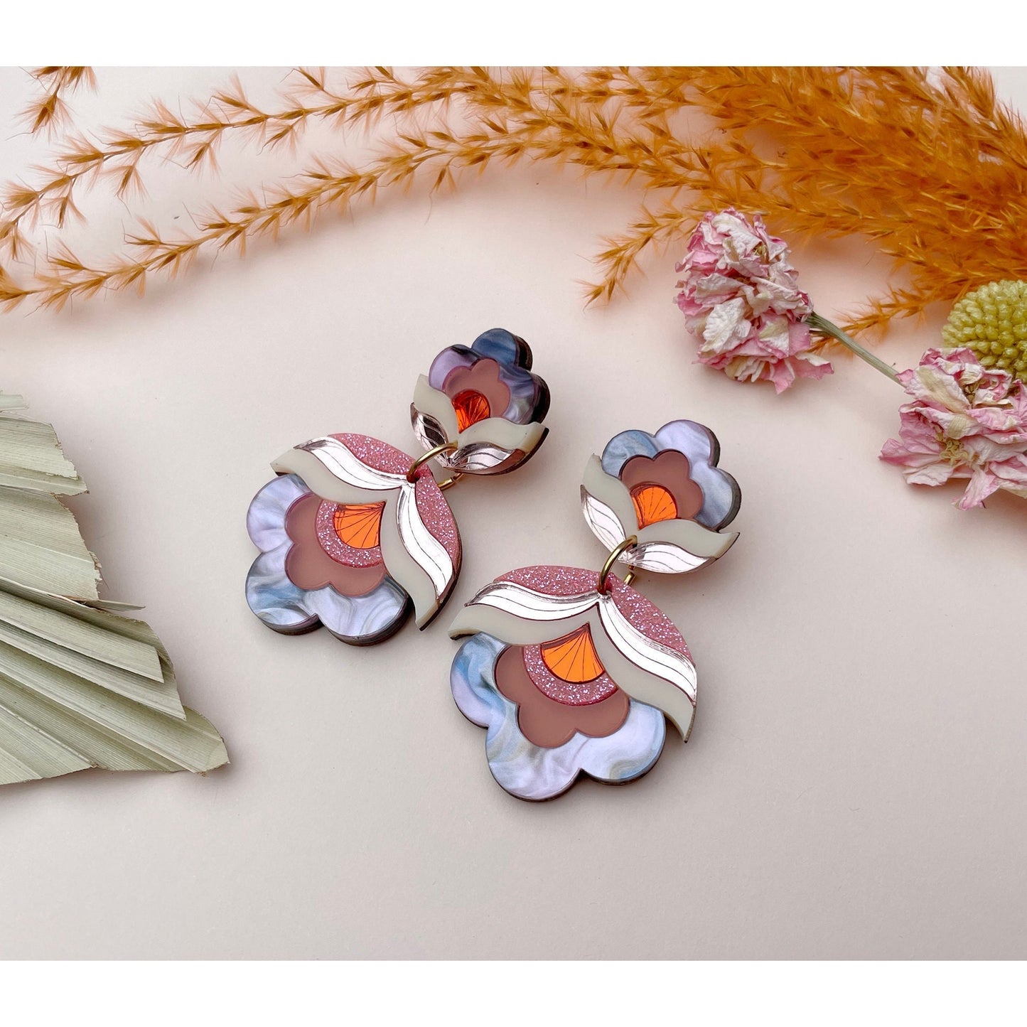 Anna Floral Statement Earrings in Pink Sky