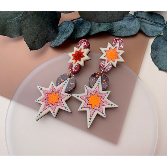 Star Deco Statement Drop Earrings - Orange