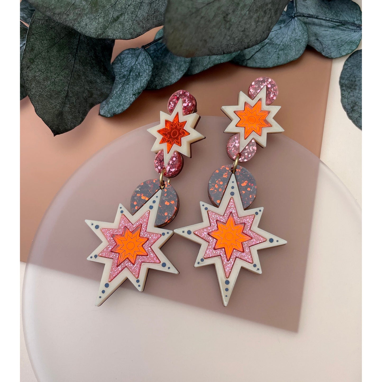 Star Deco Statement Drop Earrings - Orange