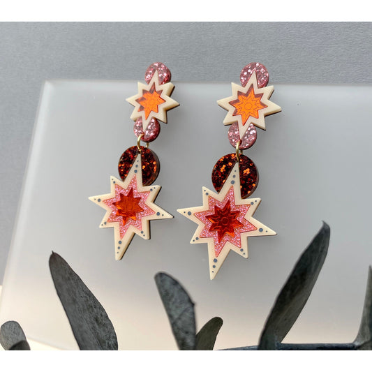 Star Deco Statement Drop Earrings - Orange