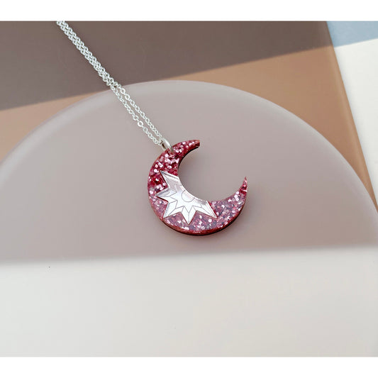 Crescent Moon Mini Pendant in Rose Glitter