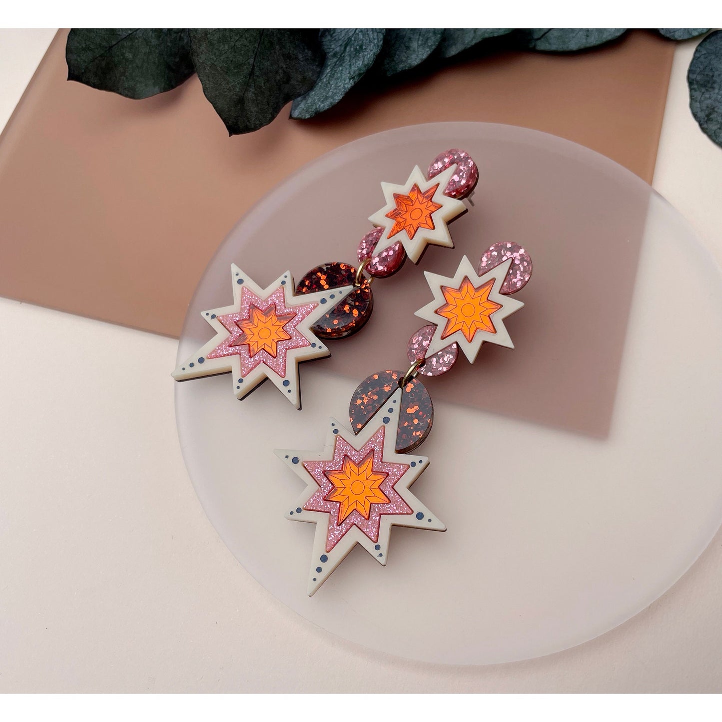 Star Deco Statement Drop Earrings - Orange